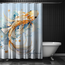 青パーソナライズされた水色金ゴールドコイ魚 シャワーカーテン