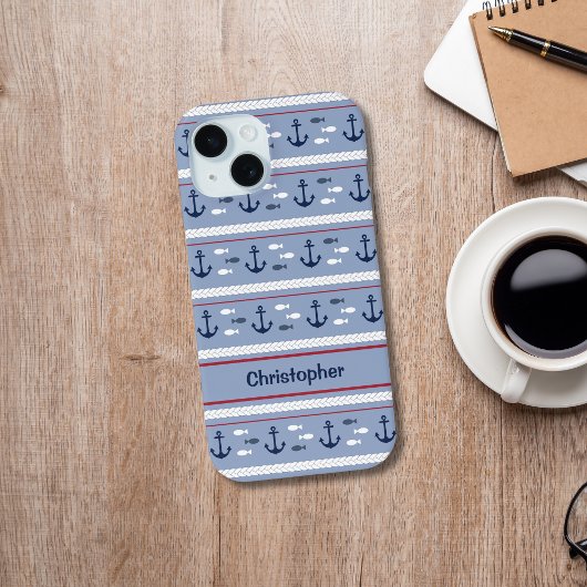 青パーソナライズされた白の航海のいかり Case-Mate iPhoneケース