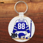 青パーソナライズされた白アイスホッケージャージー キーホルダー (正面)