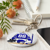 青パーソナライズされた白アイスホッケージャージー キーホルダー (側面)