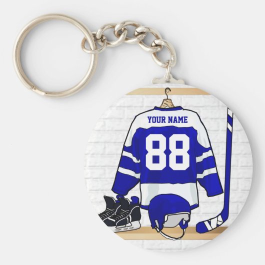 青パーソナライズされた白アイスホッケージャージー キーホルダー (正面)