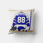 青パーソナライズされた白アイスホッケージャージー クッション (裏面)