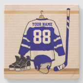 青パーソナライズされた白アイスホッケージャージー ストーンコースター (正面)