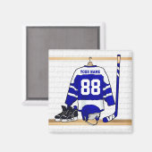 青パーソナライズされた白アイスホッケージャージー マグネット (正面/裏面)