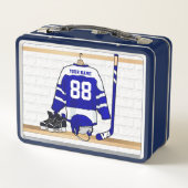 青パーソナライズされた白アイスホッケージャージー メタルランチボックス (裏面)