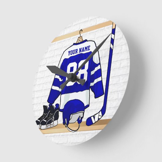 青パーソナライズされた白アイスホッケージャージー ラウンド壁時計 (傾斜)