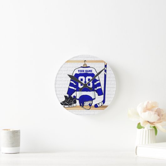 青パーソナライズされた白アイスホッケージャージー ラウンド壁時計 (ホーム)