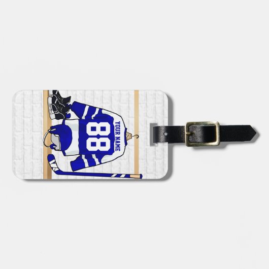 青パーソナライズされた白アイスホッケージャージー ラゲッジタグ (正面横)