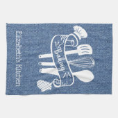 青パーソナライズされた白デニフェイクムベーキング具 キッチンタオル (横)