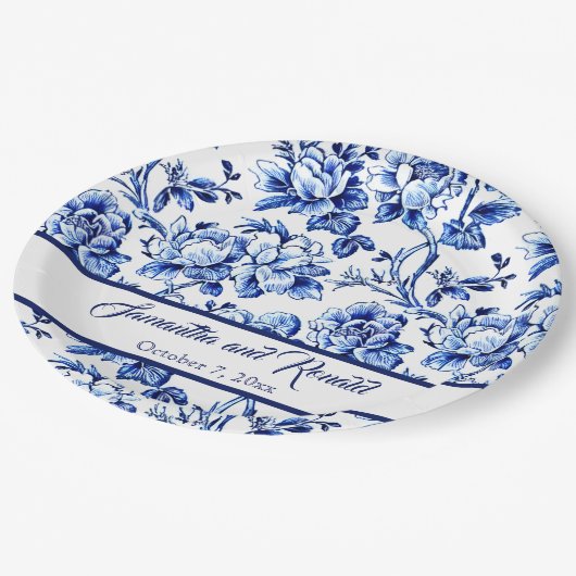 青パーソナライズされた白フローラトワ結婚ーズ ペーパープレート (アングル)