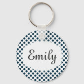 青パーソナライズされた白水玉模様キーチェーン キーホルダー (正面)