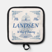 青パーソナライズされた結婚と白の生姜 鍋敷き (正面)