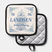 青パーソナライズされた結婚と白の生姜 鍋敷き (正面/裏面)