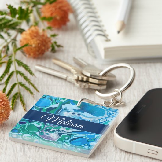 青パーソナライズされた緑デジタル大理石の流動的アート キーホルダー (正面右)