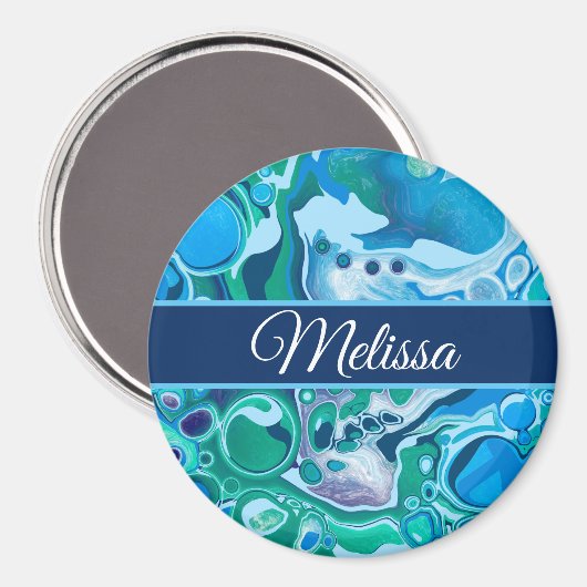 青パーソナライズされた緑デジタル大理石の流動的アート マグネット (正面/裏面)