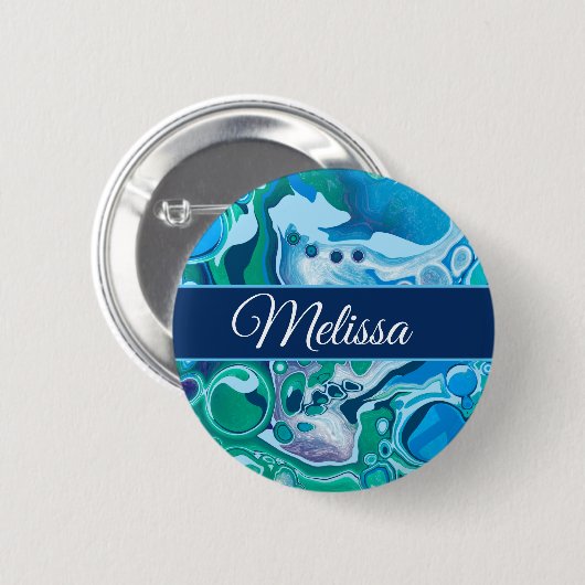 青パーソナライズされた緑デジタル大理石の流動的アート 缶バッジ (正面&裏面)
