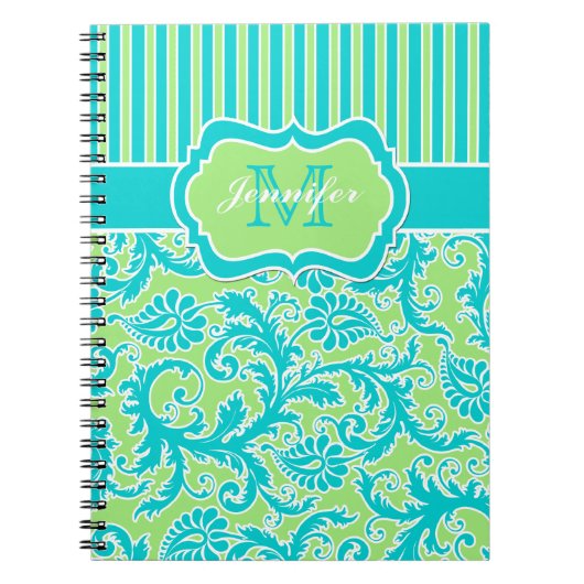 青パーソナライズされた緑ホワイトノートブストライプのック ノートブック (正面)