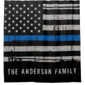 青パーソナライズされた線警察 シャワーカーテン (正面)