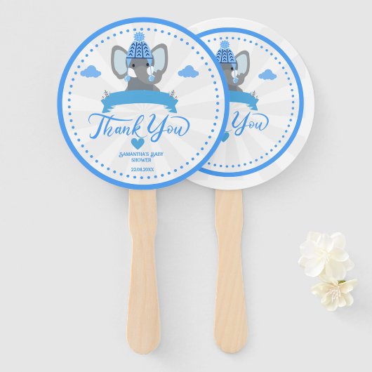 青パーソナライズされた象素朴男の子のシャワー ハンドファン (正面&裏面)