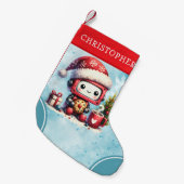 青パーソナライズされた赤かわいいロボット スモールクリスマスストッキング (正面 (吊り時))