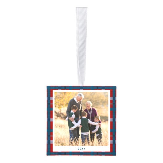 青パーソナライズされた赤の格子模様のクリスマスフォト キューブオーナメント (右)