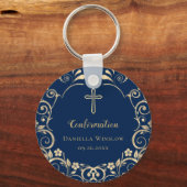 青パーソナライズされた金ゴールドクロス確認 キーホルダー (正面)