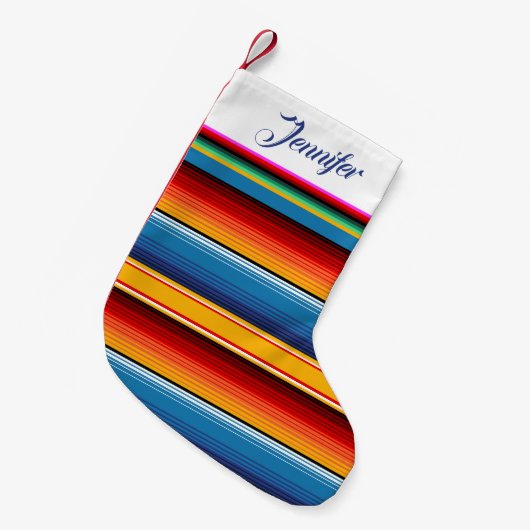 青パーソナライズされた金ゴールド赤メキシカンサラペ スモールクリスマスストッキング (正面 (吊り時))
