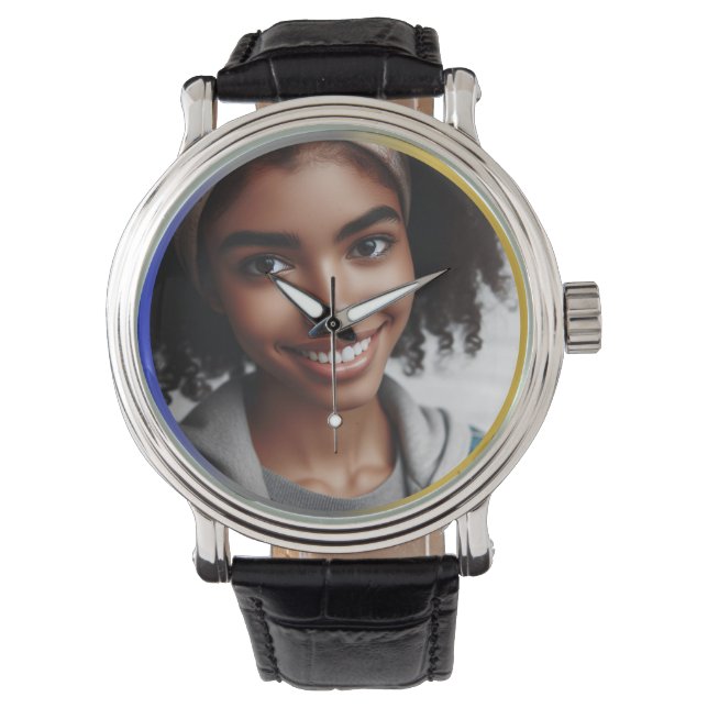 青パーソナライズされた銀、金ゴールドカラー縁ど写真 腕時計 (正面)