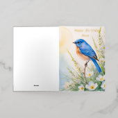 青パーソナライズされた鳥の花水色誕生日 箔グリーティングカード (外側レイダウン)