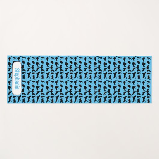 青パーソナライズされた黒猫のシルエットパターン ヨガマット (正面(横))