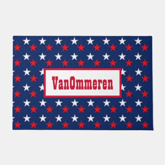 青パーソナライズされた、背景、赤と白の星 ドアマット (正面)