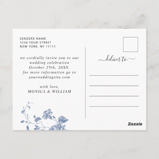 青ビクトリアンいフランスのフローラ結婚式の日付を保存 ポストカード (裏面)