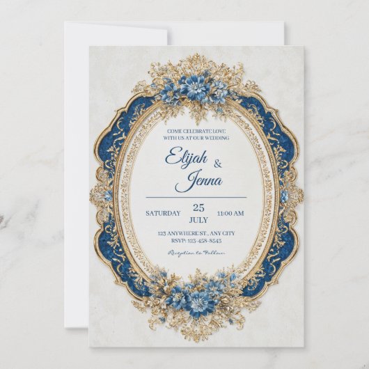 青ビクトリアンとエレガントフローラ結婚アクセント 招待状 (正面)