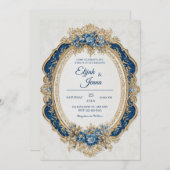 青ビクトリアンとエレガントフローラ結婚アクセント 招待状 (正面/裏面)