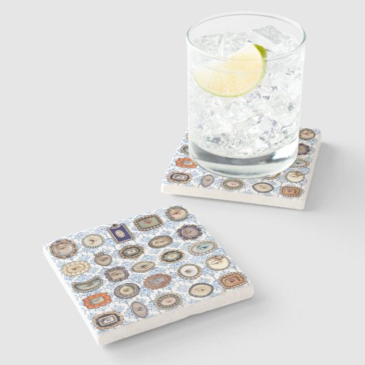 青ビクトリアンと白のダマスクの恋人の目 ストーンコースター (横)