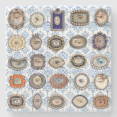 青ビクトリアンと白のダマスクの恋人の目 ストーンコースター (正面)