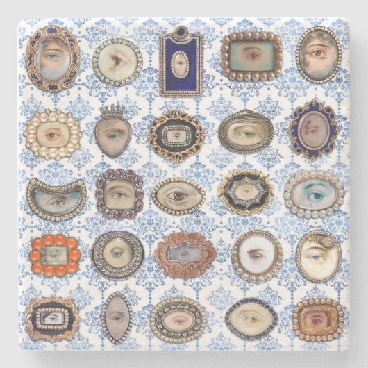 青ビクトリアンと白のダマスクの恋人の目 ストーンコースター (正面)