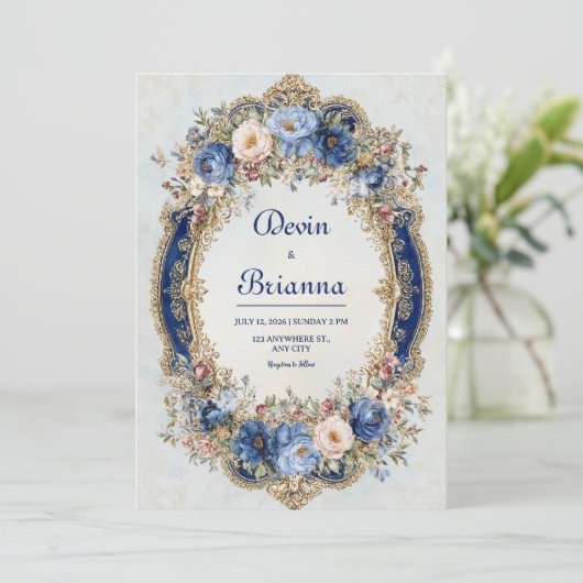 青ビクトリアンと金ゴールドのフローラフレ結婚ーム 招待状 (スタンド正面)