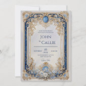 青ビクトリアンと金ゴールドのフローラ結婚 招待状 (正面)