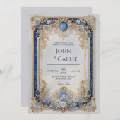 青ビクトリアンと金ゴールドのフローラ結婚 招待状 (正面/裏面)