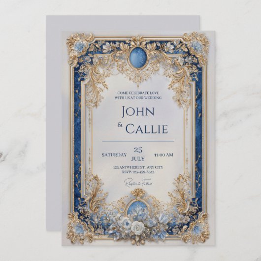 青ビクトリアンと金ゴールドのフローラ結婚 招待状 (正面/裏面)