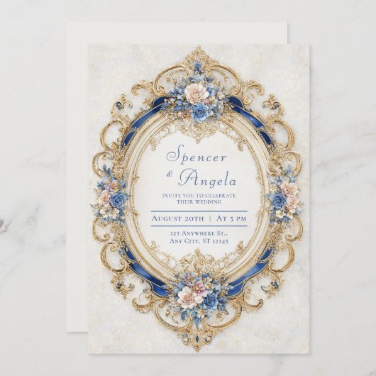 青ビクトリアンと金ゴールドロマンチックなフローラ結婚ズ 招待状 (正面/裏面)