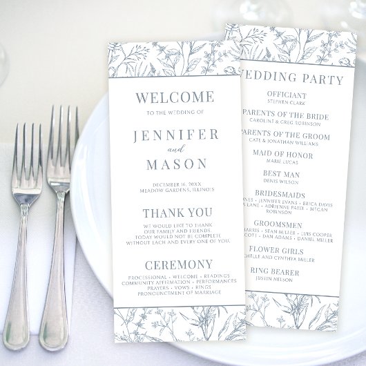 青ビクトリアンフランスのフローラ結婚式プログラムカード