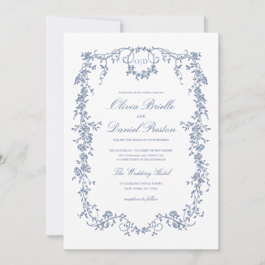 青ビクトリアンフランスの写真モノグラム結婚ズ 招待状 (正面)