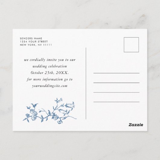 青ビクトリアンフローラ結婚式の日付の保存 ポストカード (裏面)