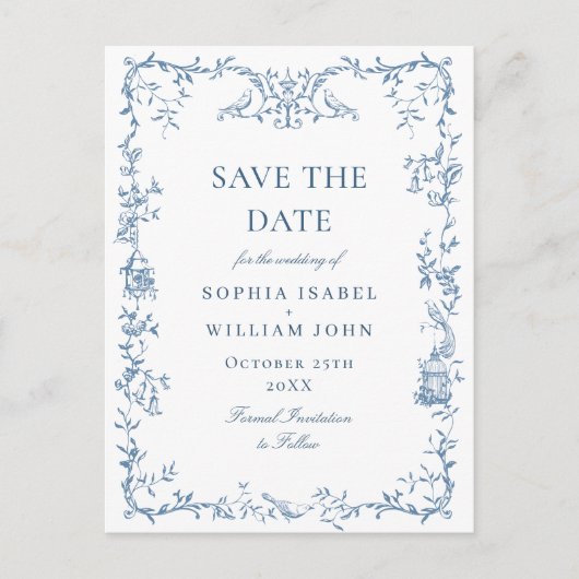 青ビクトリアンフローラ結婚式の日付の保存 ポストカード (正面)