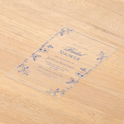 青ビクトリアンヴィンテージ描フローラブライダルシャワー アクリル招待状 (レイダウン)