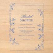 青ビクトリアンヴィンテージ描フローラブライダルシャワー アクリル招待状 (正面)