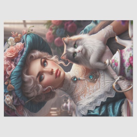 青ビクトリアン帽子と猫のティッシュペーパー 薄葉紙 (正面)