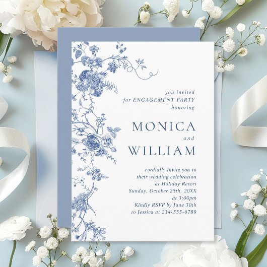 青ビクトリアン色のフランスのフローラ婚約パーティ 招待状